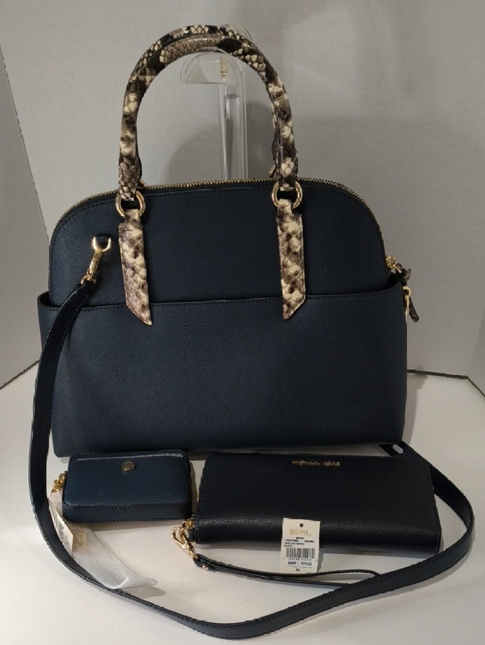 Michael Kors Hudson Navy Dome Satchel with Snake-Print Handles and Gold Hardware - Picture 3 of 17